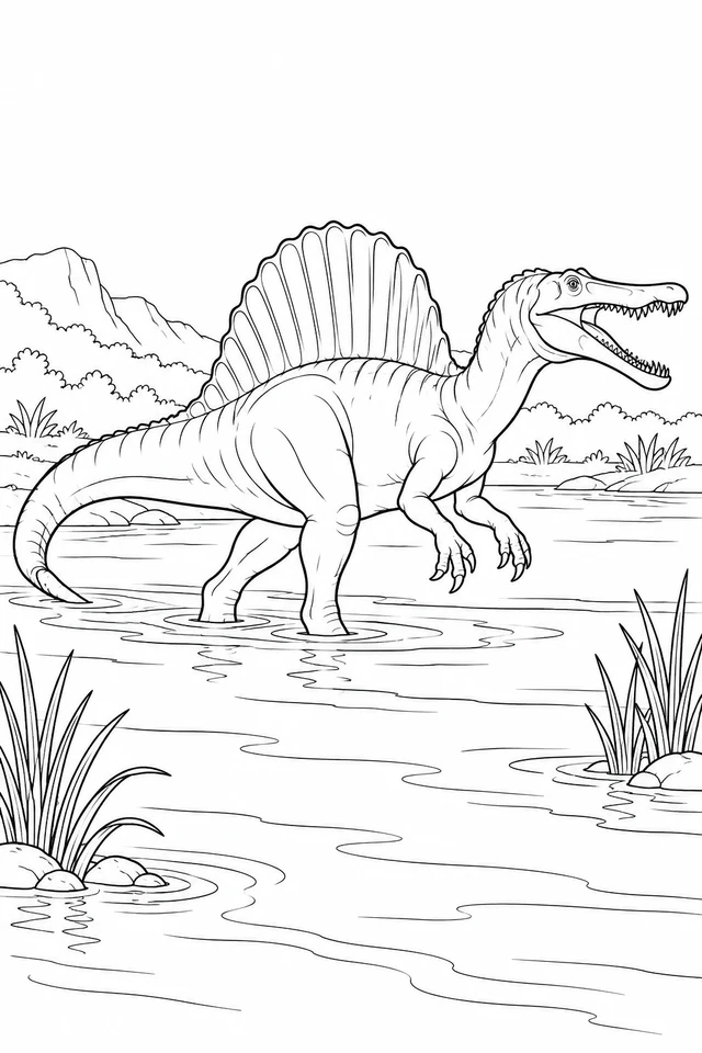 A sail-backed, long-snouted Spinosaurus-inspired dinosaur wades between a few reeds and broad river bands.