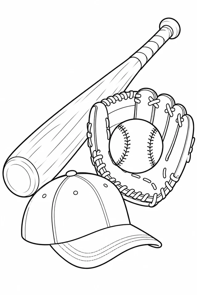 Baseball bat behind a glove holding a ball, with a plain cap in front.