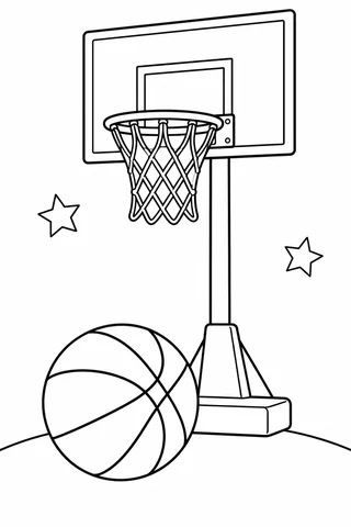 Large basketball in front of a freestanding hoop with a rectangular backboard, hanging net, base and two stars.