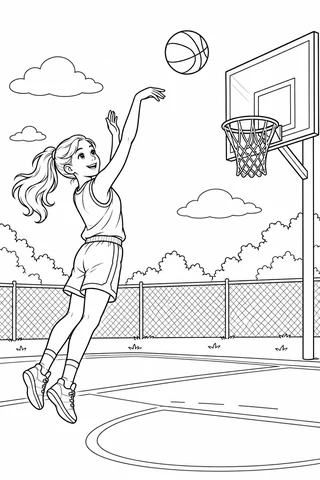 A basketball player with a ponytail jumps to shoot a separated ball toward an outdoor hoop, with a court, fence and shrubs.