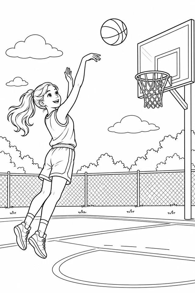 A basketball player with a ponytail jumps to shoot a separated ball toward an outdoor hoop, with a court, fence and shrubs.