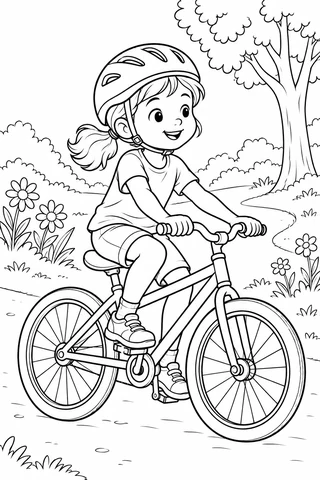Child wearing a fastened helmet riding a bicycle with two wheels along a park path beside flowers and a tree.