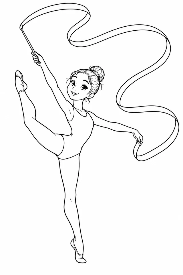 A rhythmic gymnast holds a ribbon wand while balancing with one leg raised, as a broad outlined ribbon curves around the upper page.