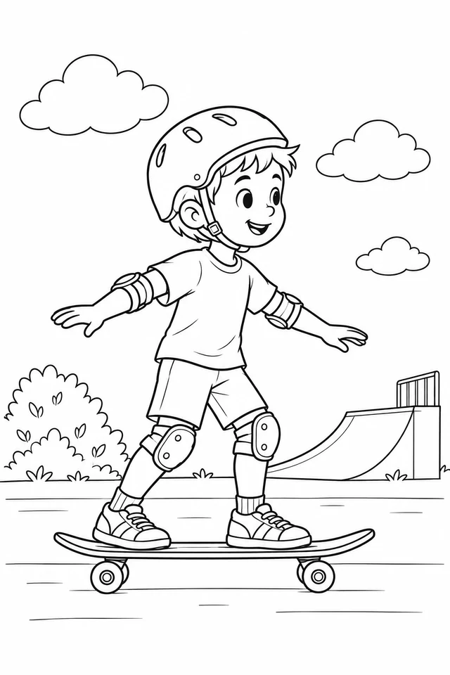 Child wearing a helmet, elbow pads and knee pads standing on a skateboard with a ramp behind.