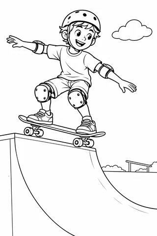 A young skateboarder wearing a helmet and elbow and knee pads balances on a board near a curved ramp, with a cloud and distant rail.