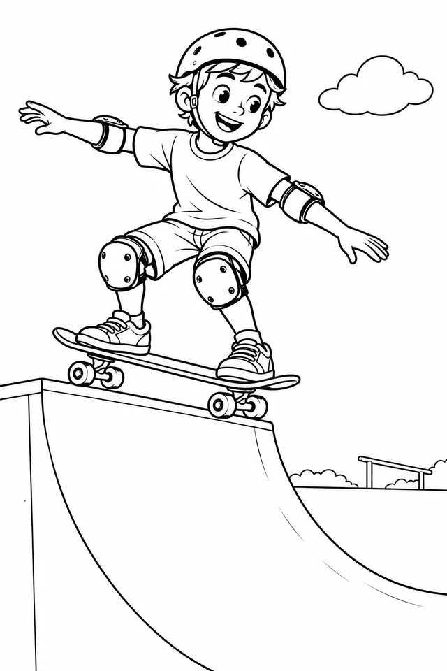 A young skateboarder wearing a helmet and elbow and knee pads balances on a board near a curved ramp, with a cloud and distant rail.