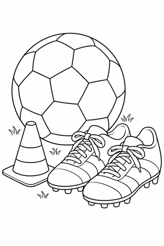 Large unfilled patterned soccer ball behind a pair of laced soccer boots and a cone.