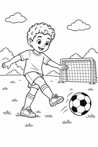 Child with curly hair in a soccer kit kicking a patterned ball beside a small goal on a grassy field.