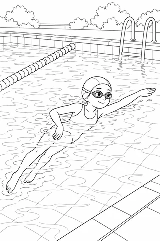 Swimmer in a cap, goggles and swimsuit reaching across a pool, with a lane divider and ladder behind.