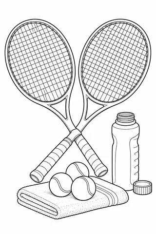 Two crossed tennis rackets with strings and wrapped grips, three balls on a folded towel, and an open water bottle with its cap.
