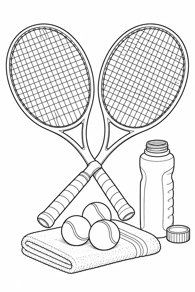 Two crossed tennis rackets with strings and wrapped grips, three balls on a folded towel, and an open water bottle with its cap.