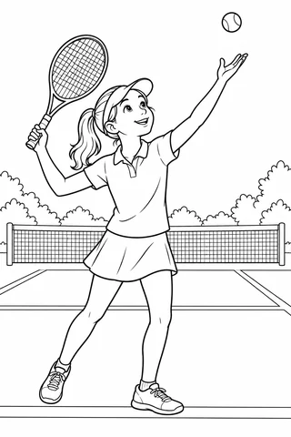 A tennis player tosses a separate ball with one hand while holding a racket in the other, beside a net and simple court.