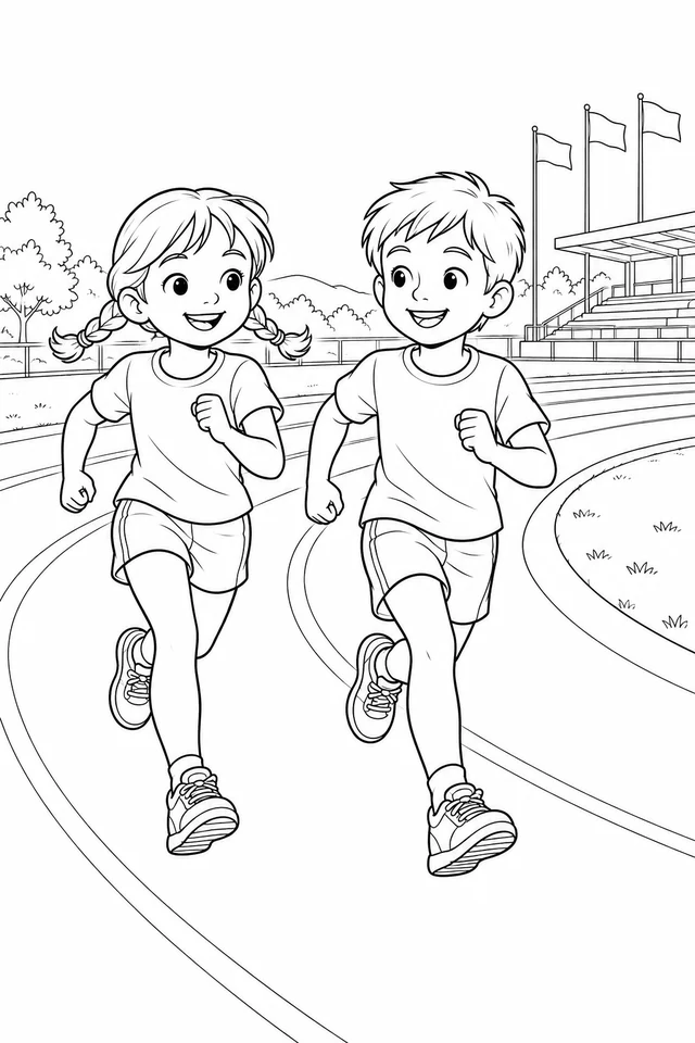 Two children running beside each other on a track with empty stands and three flags in the background.