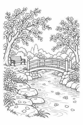 Wooden footbridge over a stream with flowering trees, a bench and stones along the banks.