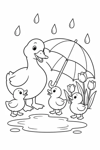 Large duck and three ducklings beside a puddle with an umbrella, tulips and raindrops.