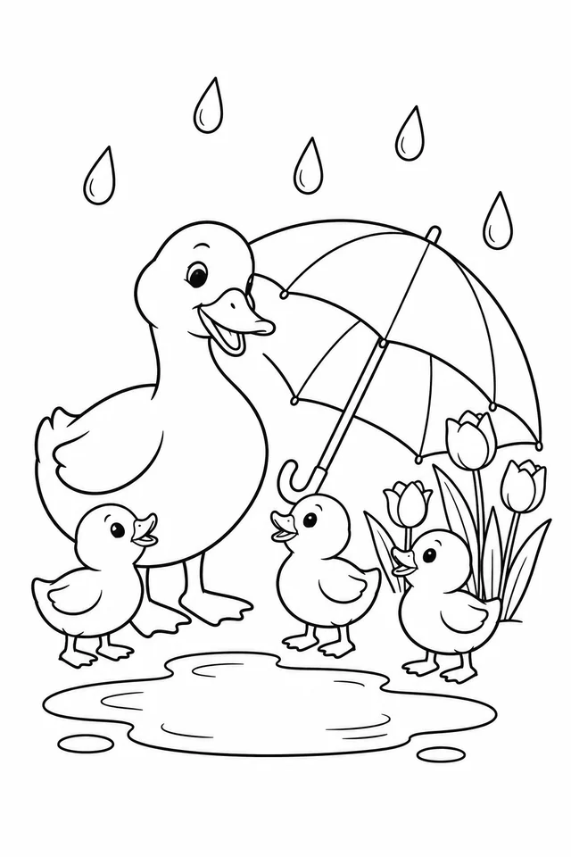 Large duck and three ducklings beside a puddle with an umbrella, tulips and raindrops.