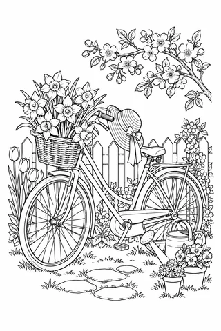 Bicycle with a daffodil basket and hanging sunhat beside a picket fence, blossoms and watering can.