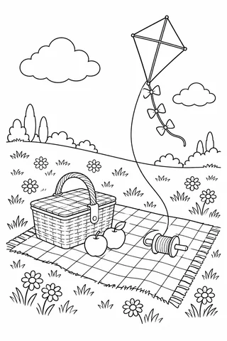 Diamond kite with bows and a spool above a picnic blanket, basket, apples and daisies.
