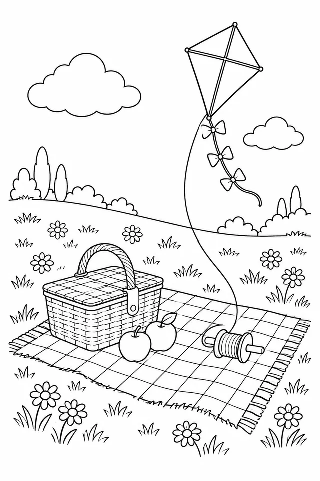 Diamond kite with bows and a spool above a picnic blanket, basket, apples and daisies.