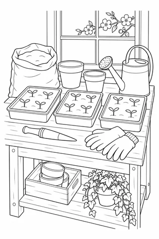 Potting bench with seedling trays, compost bag, watering can, gloves and a blossom-view window.