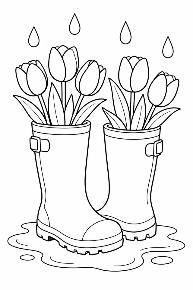 Two rain boots holding tulips and leaves, with four raindrops and a puddle.