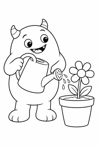 Friendly horned garden monster holding a watering can beside a flower in a pot.