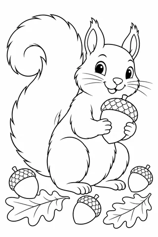 A seated squirrel with a tall curled tail holds a large acorn, with three more acorns and two oak leaves below.