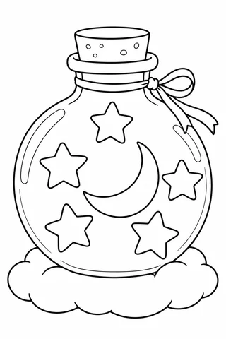 Round glass bottle with a cork and ribbon, holding five stars and a crescent moon above a cloud.