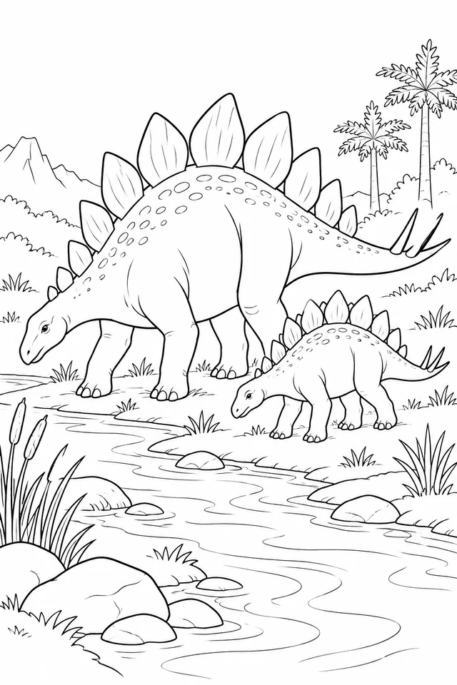 An adult and a smaller Stegosaurus walk beside a winding stream, with separate plate shapes, rocks and grasses.