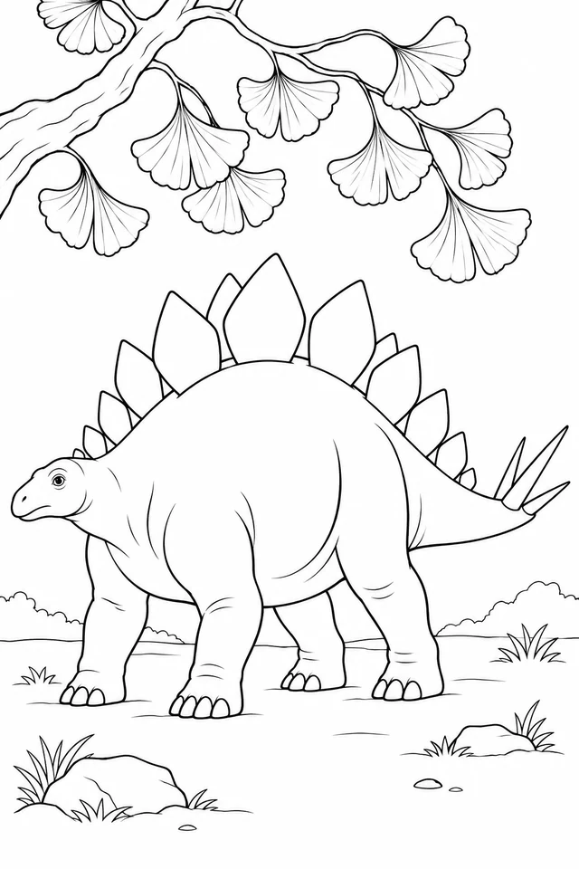 A full Stegosaurus has broad body regions, individually outlined back plates and a tapering spiked tail beneath ginkgo leaves.