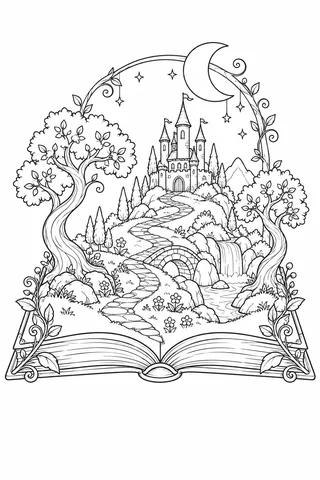 An open book with a castle, winding path, trees, waterfall and moon arch rising from its pages.