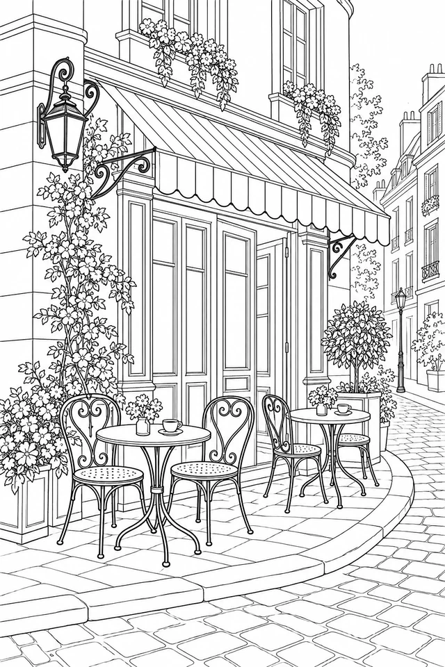 Two cafe tables with cups and iron chairs sit beneath a striped awning at a paneled street corner with flower boxes.