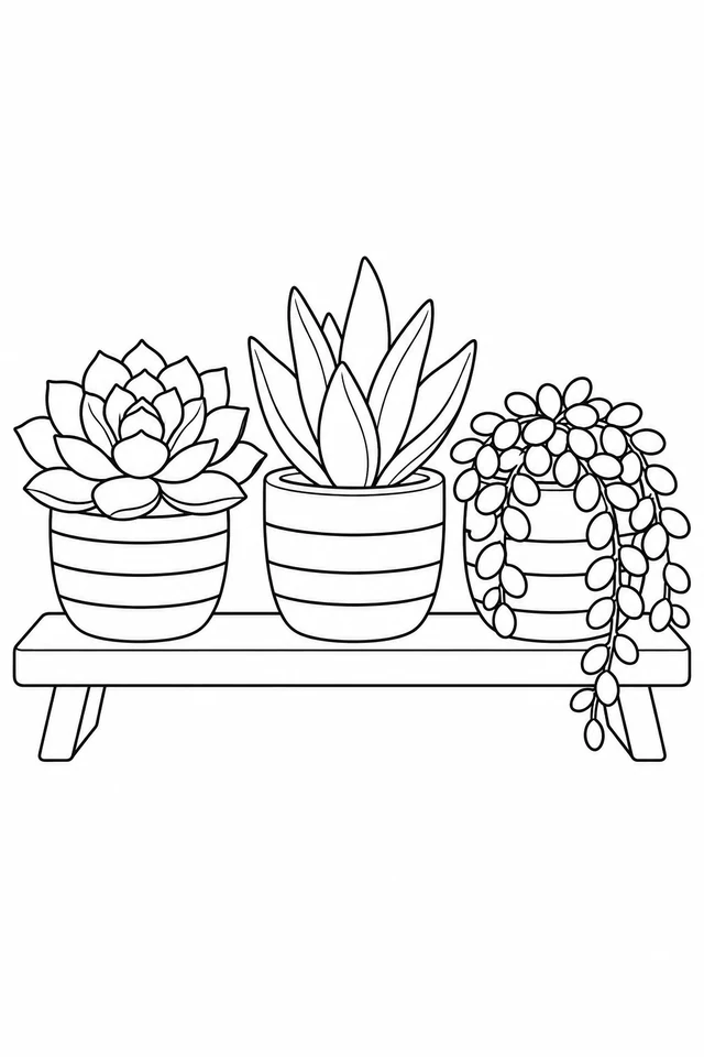 Three striped pots sit on a low shelf, holding a rosette succulent, tall pointed leaves and trailing rounded leaves.