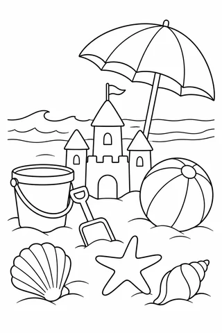 Beach scene with sandcastle, bucket, spade, ball, umbrella, shells and starfish.