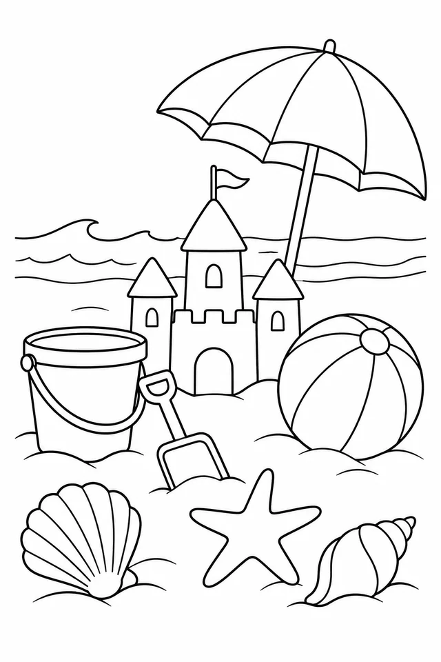 Beach scene with sandcastle, bucket, spade, ball, umbrella, shells and starfish.