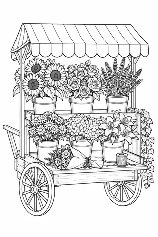 Wheeled flower stall with six buckets of blooms, striped canopy, wrapped bouquet and twine.
