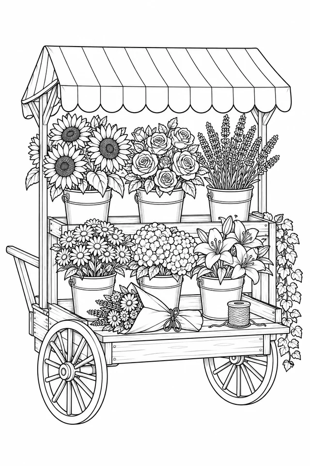 Wheeled flower stall with six buckets of blooms, striped canopy, wrapped bouquet and twine.