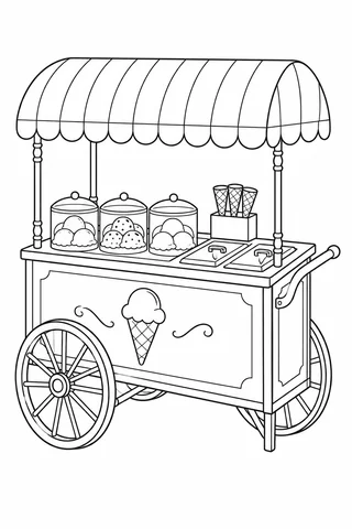 Ice cream pushcart with striped canopy, scoop tubs, cone holder and ice cream picture on its side.