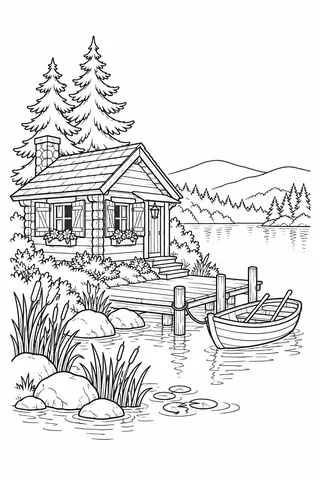 Small cabin beside a lake with dock, rowboat, reeds, pines and distant hills.