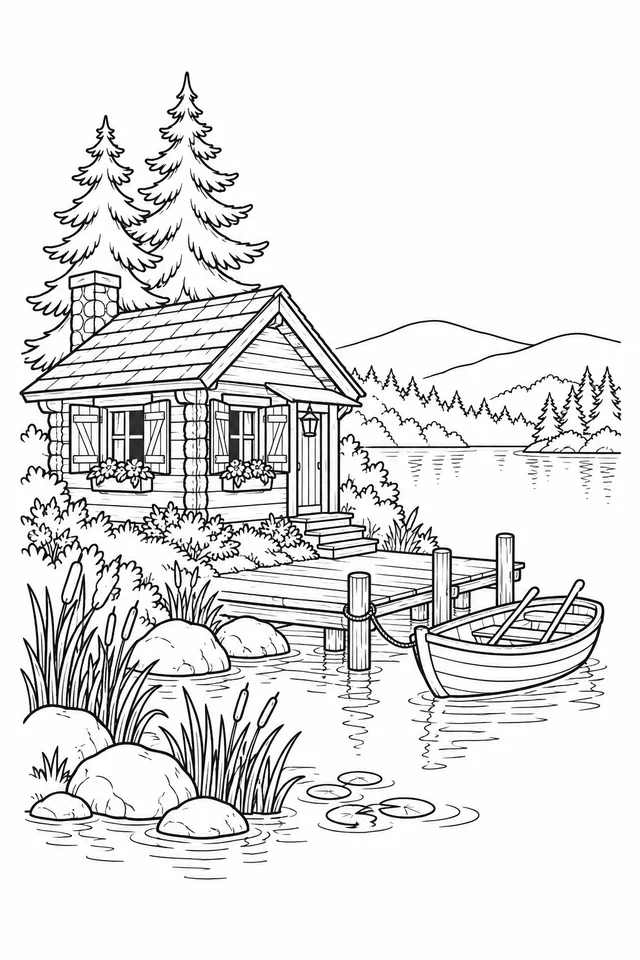 Small cabin beside a lake with dock, rowboat, reeds, pines and distant hills.