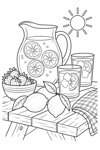 Lemonade pitcher, two glasses, lemons, bowl of strawberries and checked cloth on a picnic table.