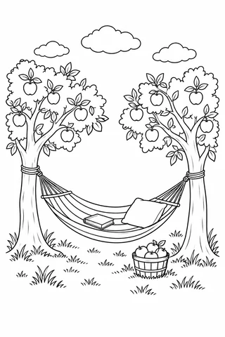 Hammock between two apple trees with cushion, closed book and basket of apples.