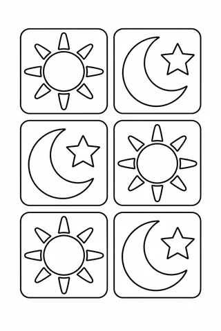 Black outline coloring page of six square tiles containing three suns and three crescent moons with stars.