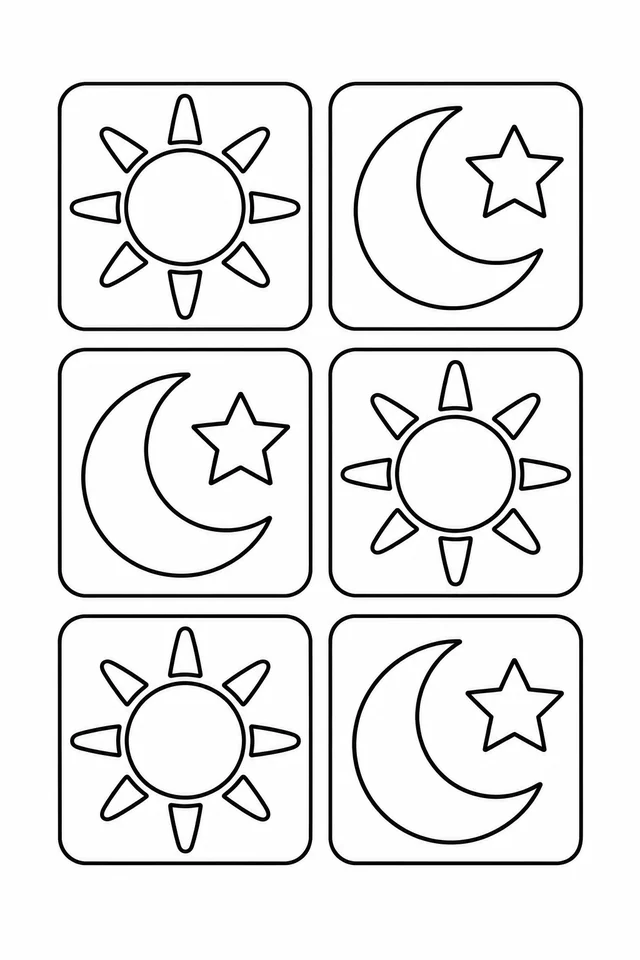 Black outline coloring page of six square tiles containing three suns and three crescent moons with stars.
