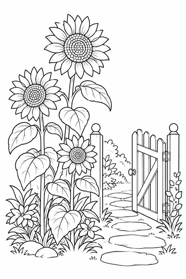 Three sunflowers of different heights grow beside an open wooden gate and a curved stepping-stone path.