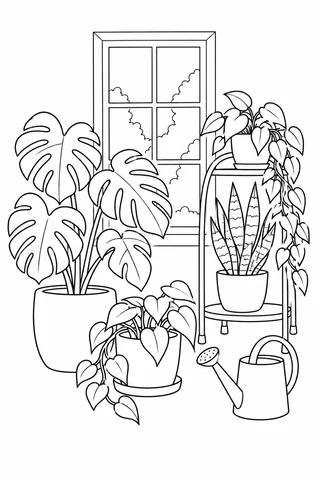 Four potted houseplants beside a window with a watering can and curved plant stand.