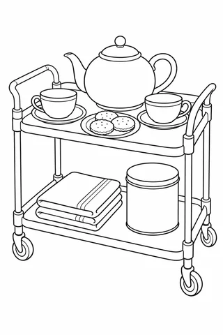 Tea trolley with teapot, two cups, three biscuits, folded towels and a plain tin.