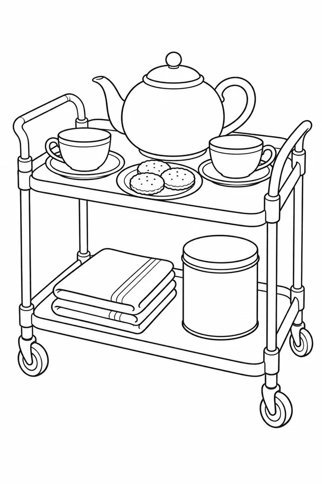 Tea trolley with teapot, two cups, three biscuits, folded towels and a plain tin.
