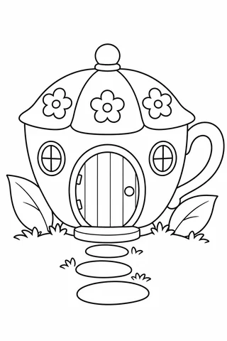 Teacup house with a round door, two round windows, three roof flowers, leaves and stepping stones.