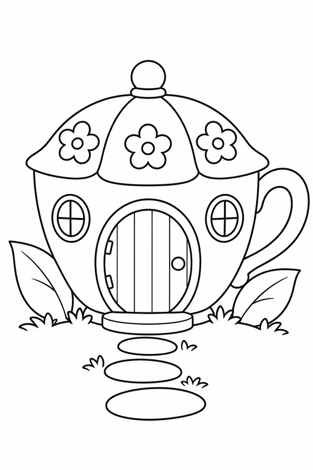 Teacup house with a round door, two round windows, three roof flowers, leaves and stepping stones.